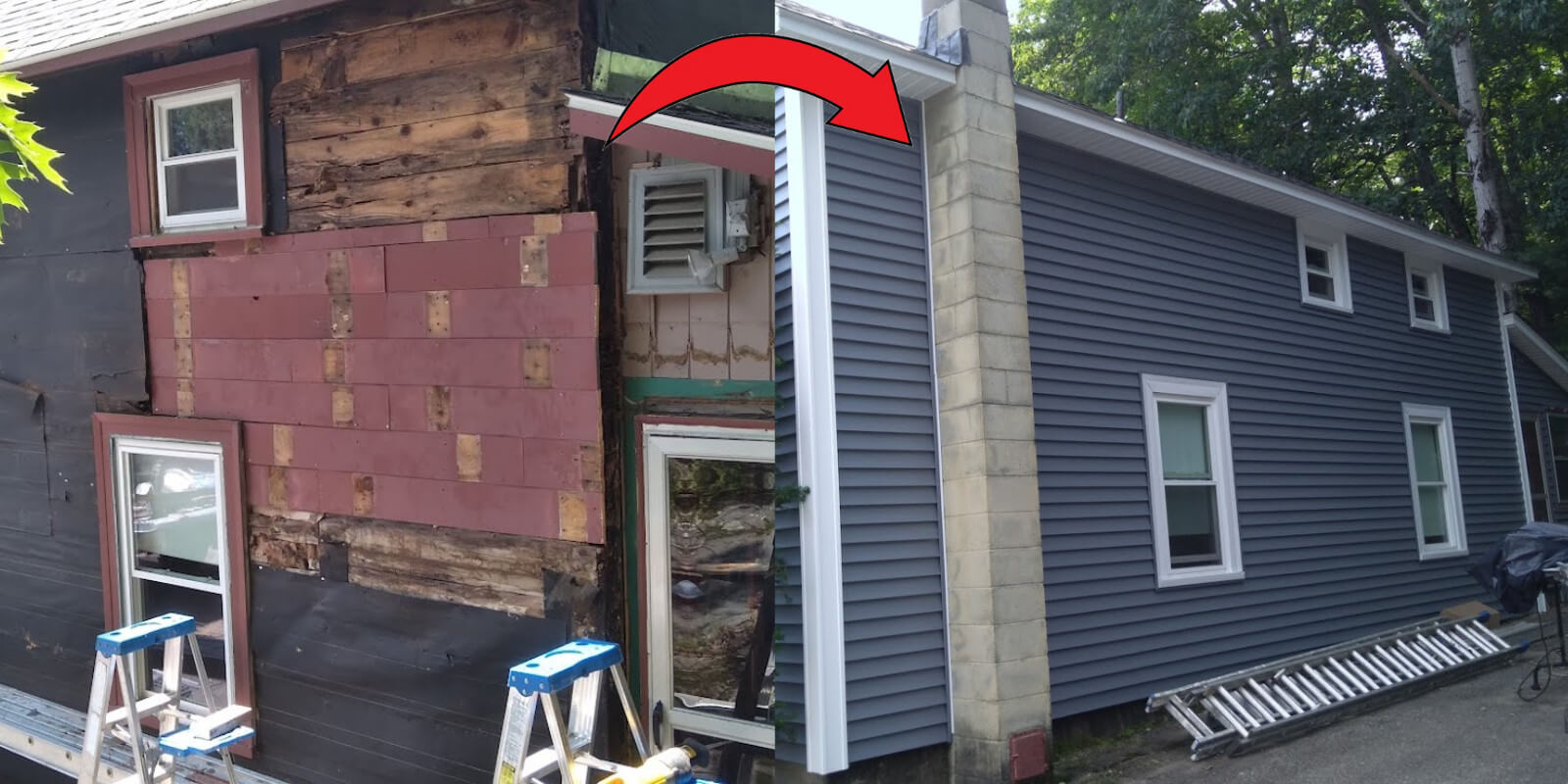 Vinyl siding installation in the Sebago Lakes Region – before and after photos of durable, low-maintenance siding project.