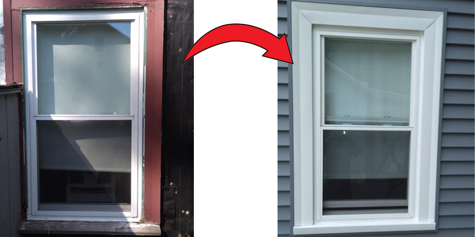 Vinyl siding installation in the Sebago Lakes Region – before and after photos of Window transformed with custom-bent metal coil wrap